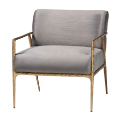Baxton Studio Ilmari Velvet Lounge Chair with Track Arms - Modern Rustic Armchair with Hand-Forged Metal Frame for Living Room or Lounge